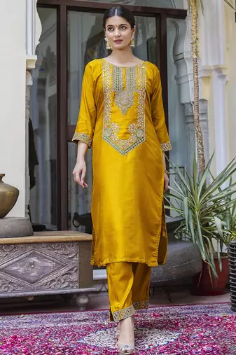 Silk blend mustard ocassional wear embroidery work kurta set