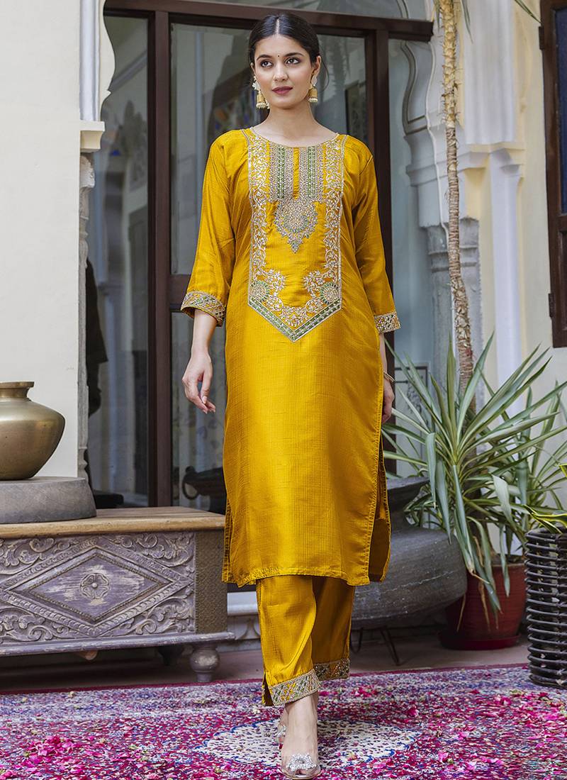 Silk blend mustard ocassional wear embroidery work kurta set