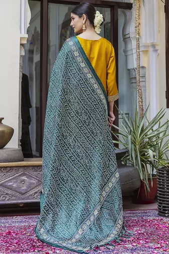 Silk blend mustard ocassional wear embroidery work kurta set