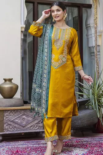 Silk blend mustard ocassional wear embroidery work kurta set