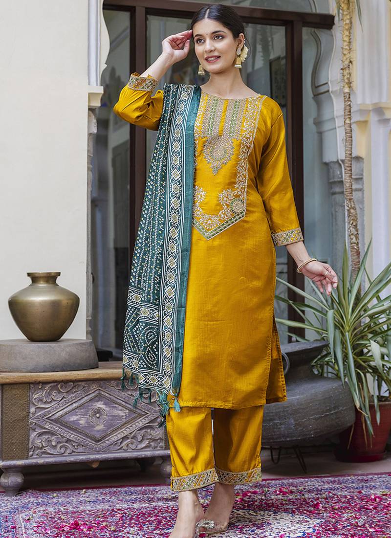 Silk blend mustard ocassional wear embroidery work kurta set