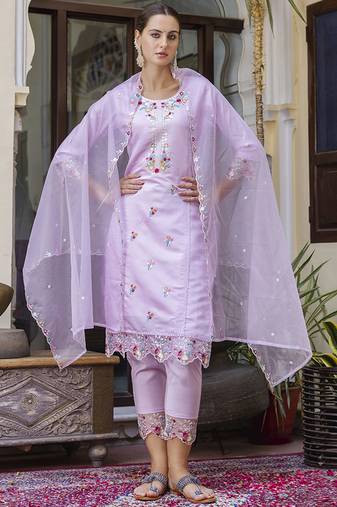 Viscose roman silk light lilac casual wear embroidery work kurta set