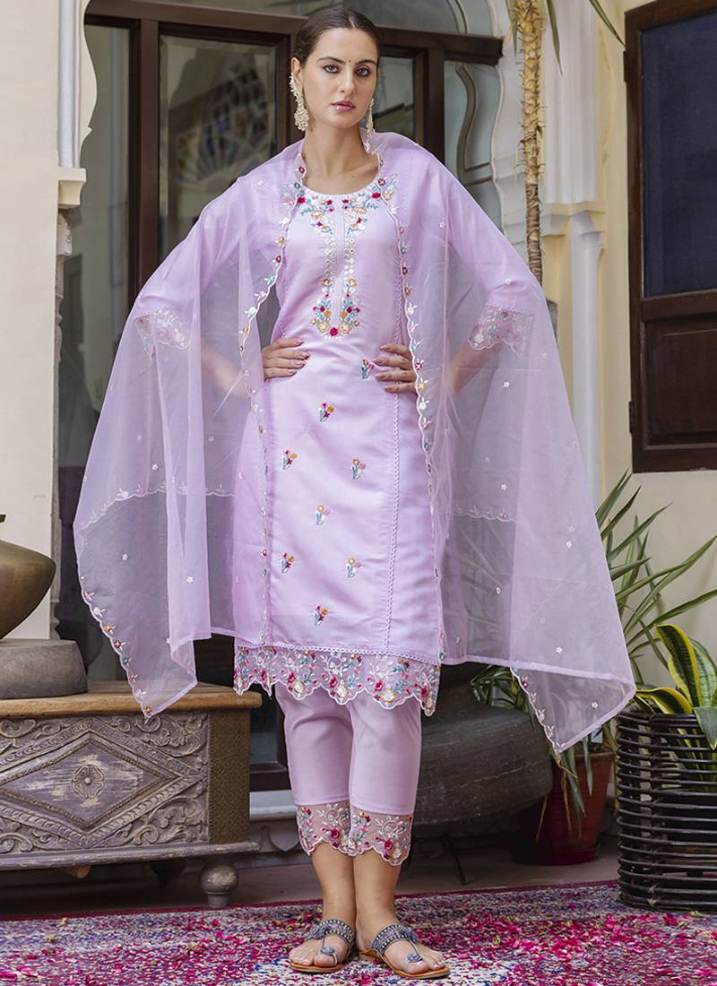 Viscose roman silk light lilac casual wear embroidery work kurta set