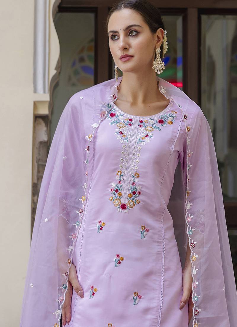 Viscose roman silk light lilac casual wear embroidery work kurta set