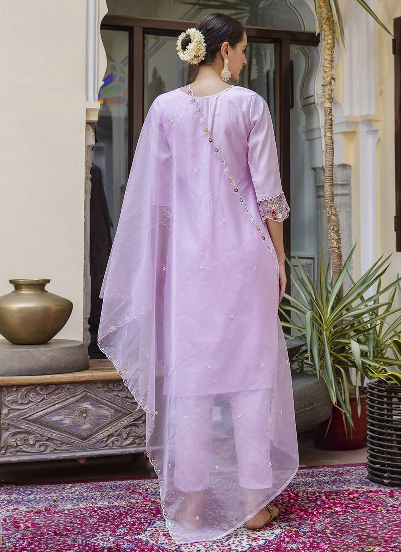 Viscose roman silk light lilac casual wear embroidery work kurta set