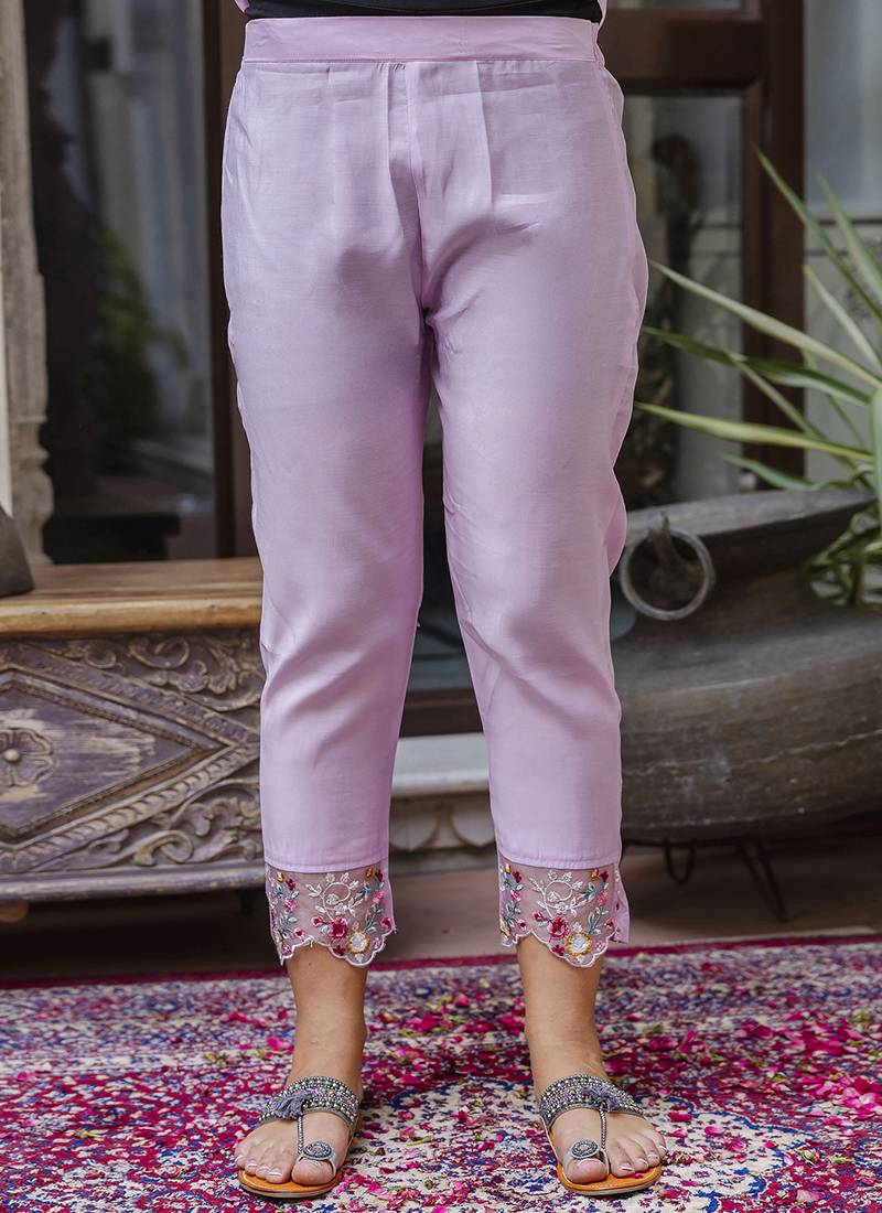 Viscose roman silk light lilac casual wear embroidery work kurta set