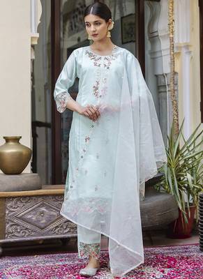 Viscose roman silk sea green casual wear embroidery work kurta set 1