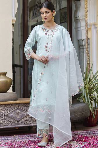 Viscose roman silk sea green casual wear embroidery work kurta set