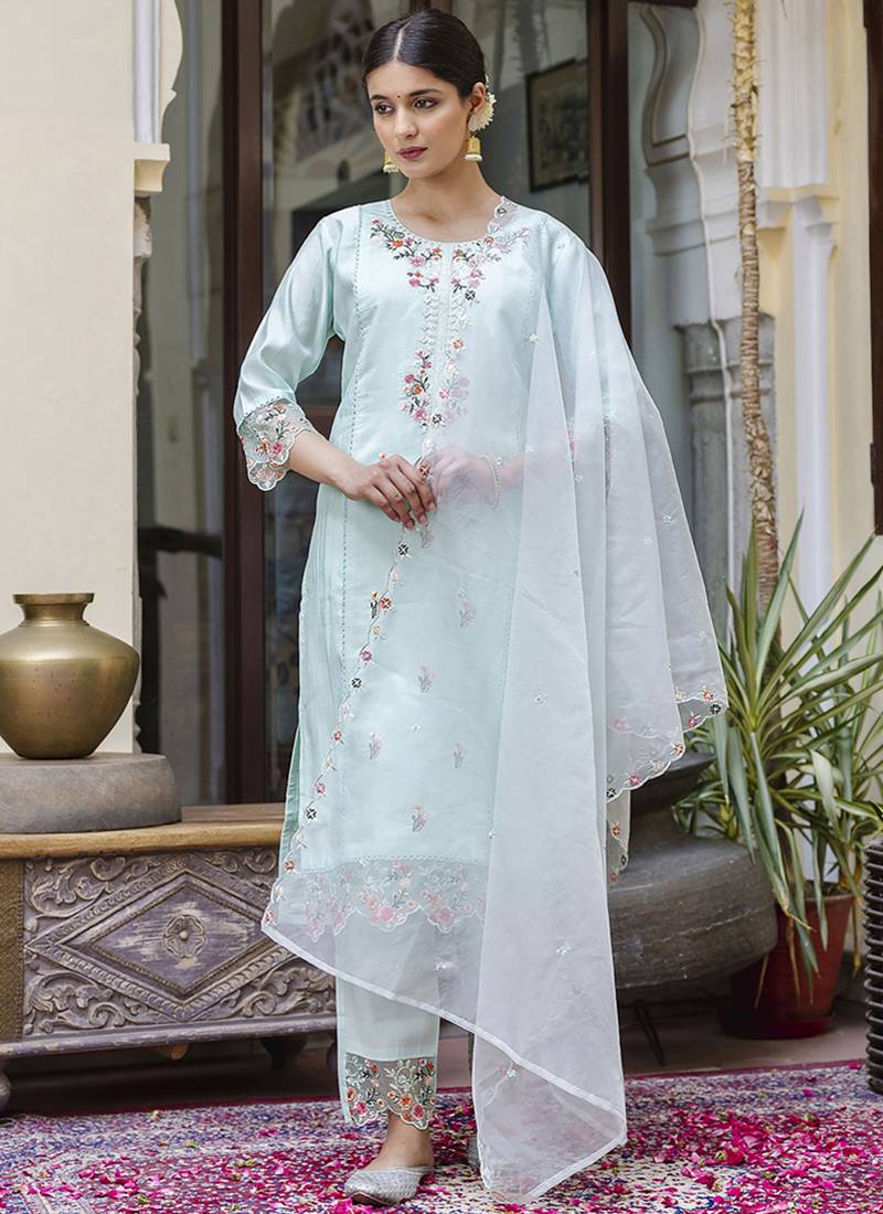 Viscose roman silk sea green casual wear embroidery work kurta set