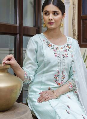 Viscose roman silk sea green casual wear embroidery work kurta set 2