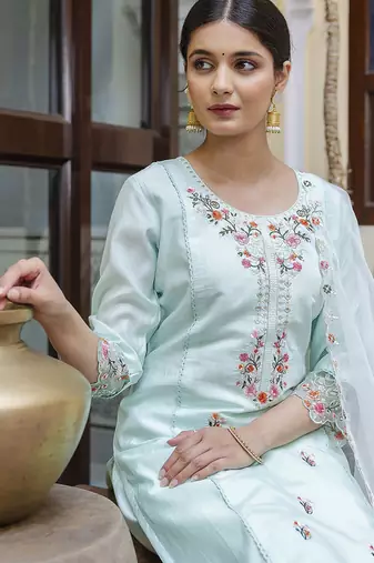 Viscose roman silk sea green casual wear embroidery work kurta set