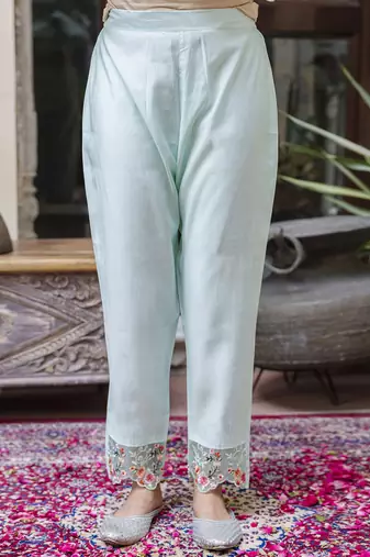 Viscose roman silk sea green casual wear embroidery work kurta set
