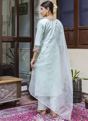 Viscose roman silk sea green casual wear embroidery work kurta set 4