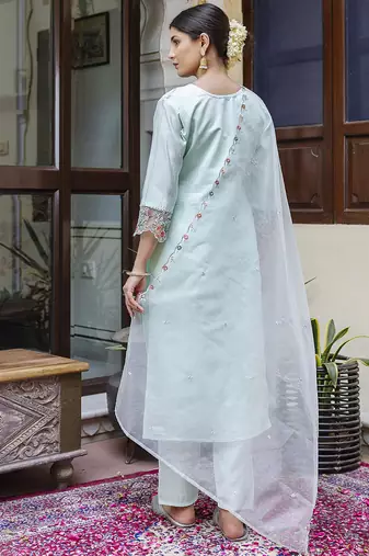 Viscose roman silk sea green casual wear embroidery work kurta set