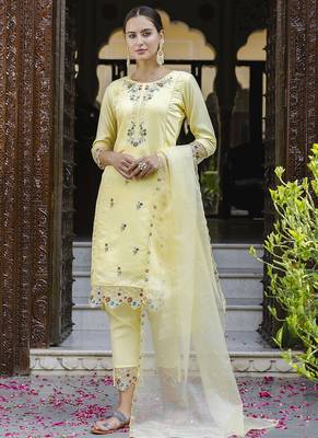 Viscose roman silk yellow casual wear embroidery work kurta set 1