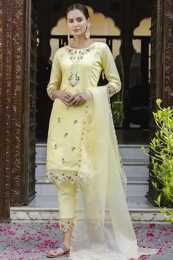 Viscose roman silk yellow casual wear embroidery work kurta set