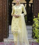 Viscose roman silk yellow casual wear embroidery work kurta set
