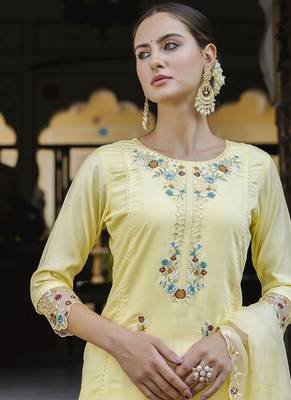 Viscose roman silk yellow casual wear embroidery work kurta set 2