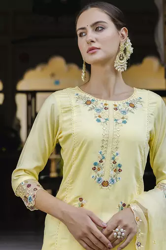 Viscose roman silk yellow casual wear embroidery work kurta set