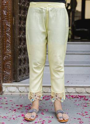 Viscose roman silk yellow casual wear embroidery work kurta set 3