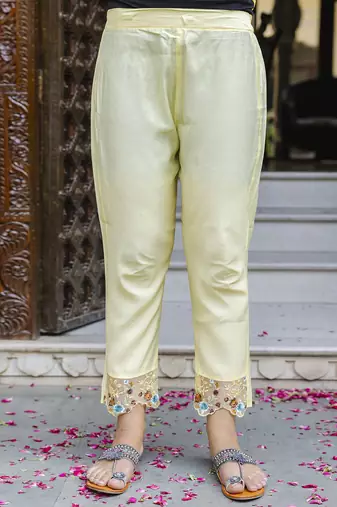 Viscose roman silk yellow casual wear embroidery work kurta set