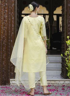 Viscose roman silk yellow casual wear embroidery work kurta set 4