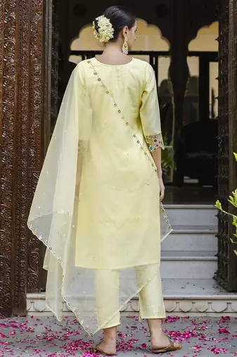 Viscose roman silk yellow casual wear embroidery work kurta set