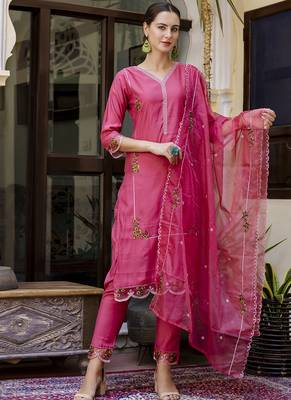 Viscose roman silk pink casual wear embroidery work kurta set 1