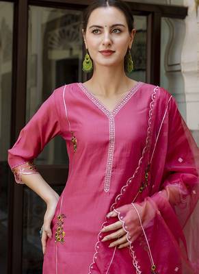 Viscose roman silk pink casual wear embroidery work kurta set 2