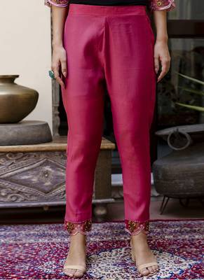 Viscose roman silk pink casual wear embroidery work kurta set 3