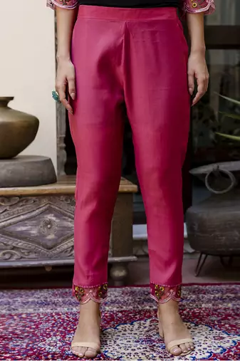 Viscose roman silk pink casual wear embroidery work kurta set