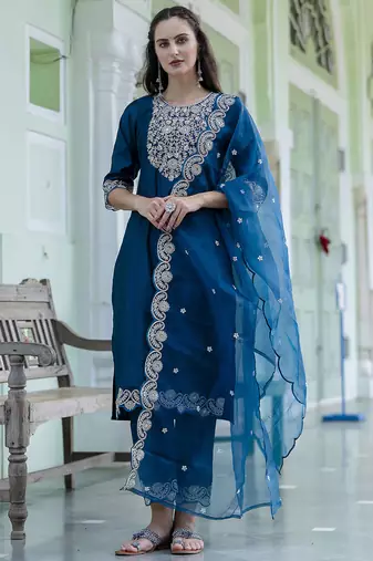 Silk blend teal blue casual wear embroidery work kurta set