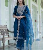 Silk blend teal blue casual wear embroidery work kurta set