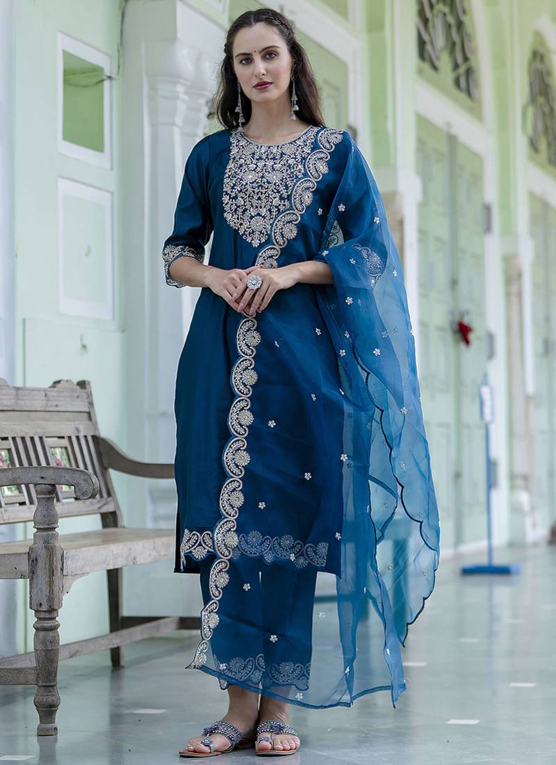 Silk blend teal blue casual wear embroidery work kurta set