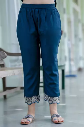 Silk blend teal blue casual wear embroidery work kurta set