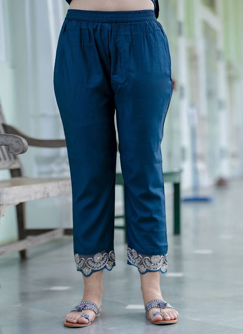 Silk blend teal blue casual wear embroidery work kurta set