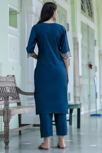 Silk blend teal blue casual wear embroidery work kurta set