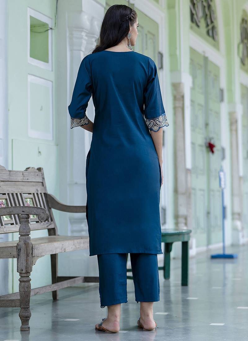 Silk blend teal blue casual wear embroidery work kurta set