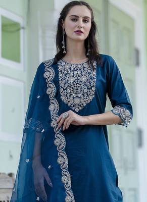 Silk blend teal blue casual wear embroidery work kurta set 4