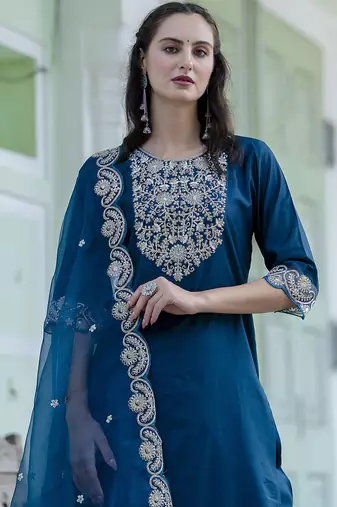 Silk blend teal blue casual wear embroidery work kurta set