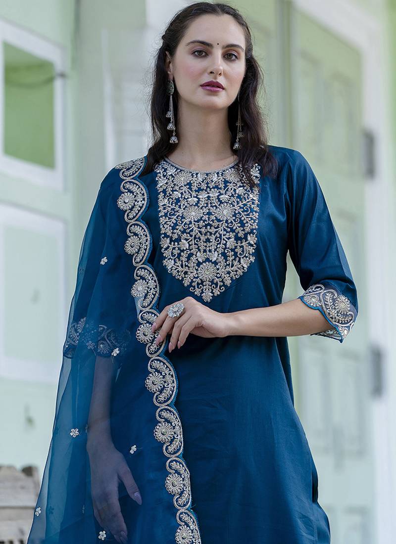 Silk blend teal blue casual wear embroidery work kurta set