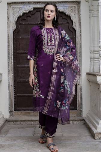 Viscose roman silk deep purple ocassional wear embroidery work kurta set