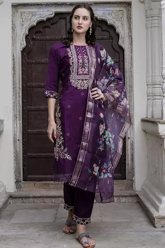 Viscose roman silk deep purple ocassional wear embroidery work kurta set
