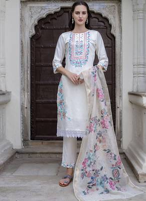 Viscose roman silk white ocassional wear embroidery work kurta set 1