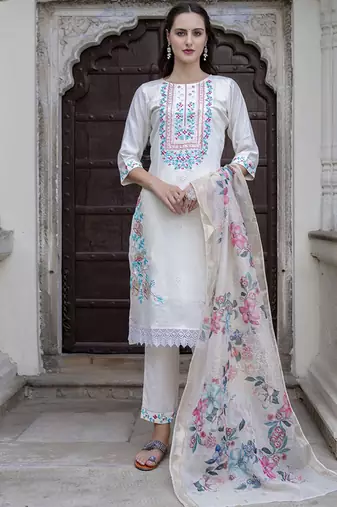 Viscose roman silk white ocassional wear embroidery work kurta set