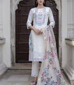 Viscose roman silk white ocassional wear embroidery work kurta set