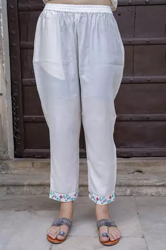 Viscose roman silk white ocassional wear embroidery work kurta set