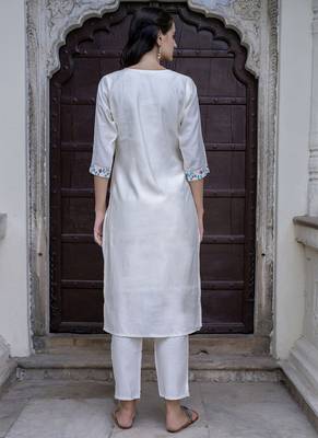 Viscose roman silk white ocassional wear embroidery work kurta set 3