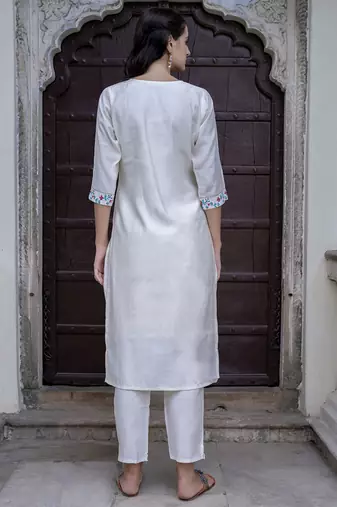 Viscose roman silk white ocassional wear embroidery work kurta set