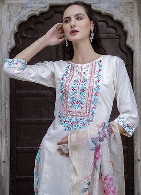 Viscose roman silk white ocassional wear embroidery work kurta set 4